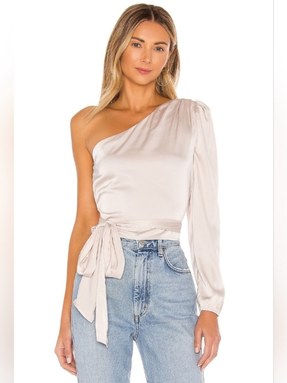 Revolve More to Come One-Shoulder Bone Satin Tie-Wrap Blouse Champagne Size S